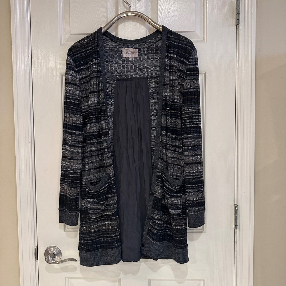 Miss Me Womens Small Grey Striped Mixed Media Split Back Cardigan MDJ316L